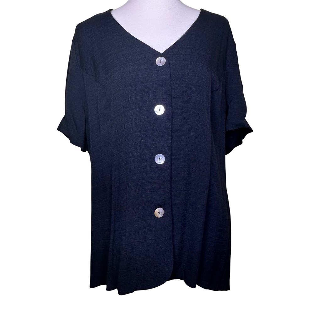 Vintage Dress Barn Woman Black Textured Linen Look Button Blouse Drawstring 20